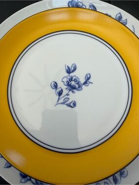 Paula Deen Porcelain Dinner Plates with Yellow Rim and Blue Floral Center
